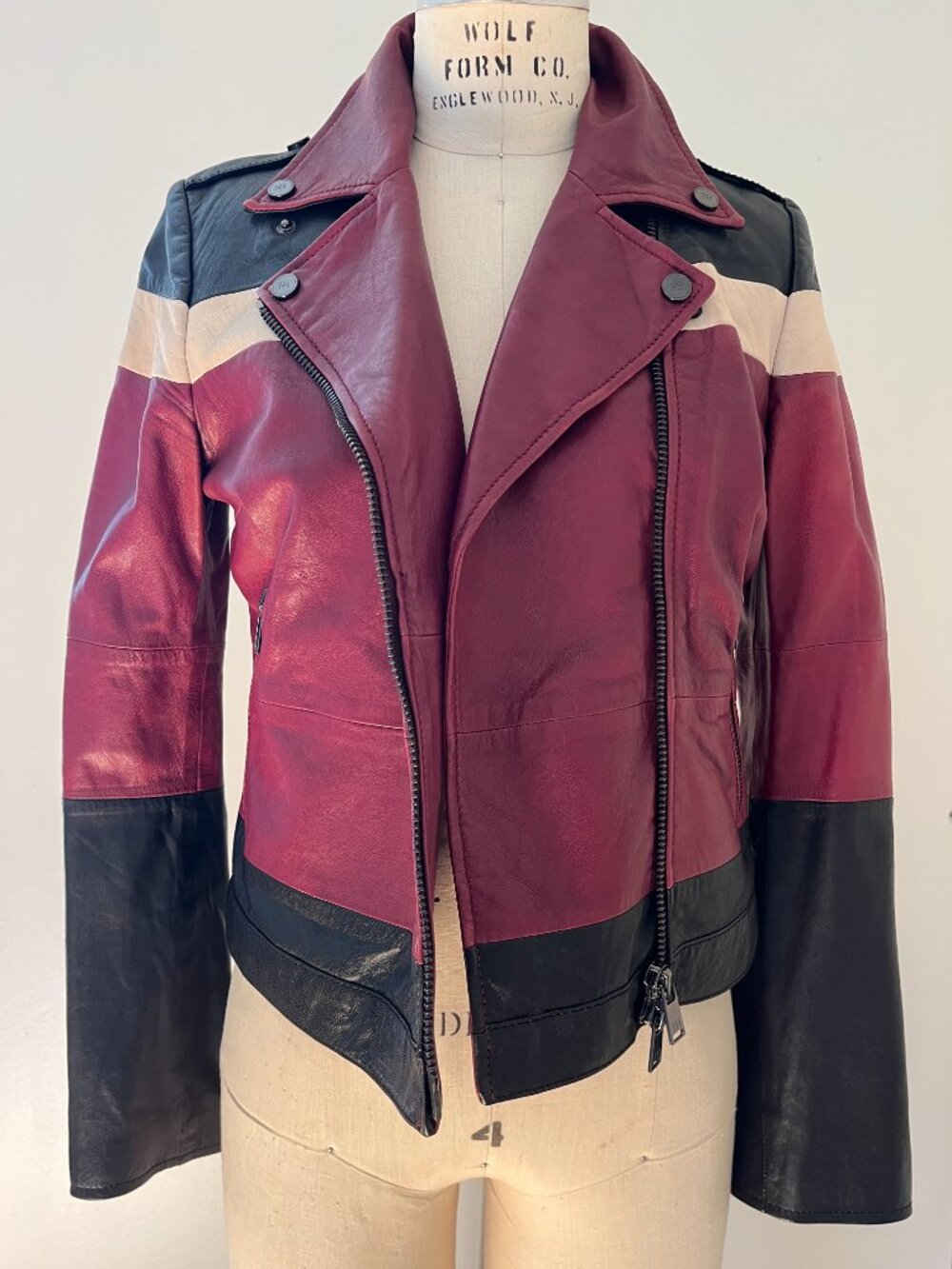 Haute Hippie genuine LEATHER JACKET in burgundy ,black and ivory size XS